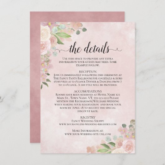 素朴水彩桃色フローラ結婚詳細 エンクロージャーカード (正面/裏面)