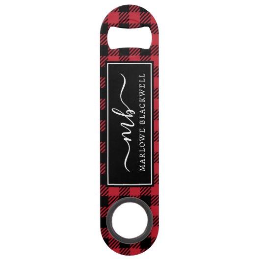 素朴水牛プレイド赤黒モノグラム名 スピード栓抜き (正面)