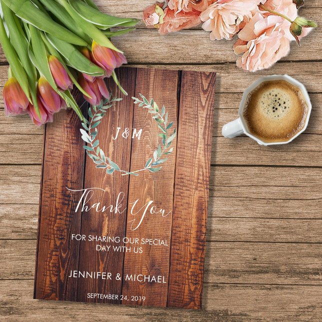 素朴水離れ色木材結婚sありがとう 招待状 (Rustic watercolor leaves on barn wood mongrammed  Wedding Thank you card.
)