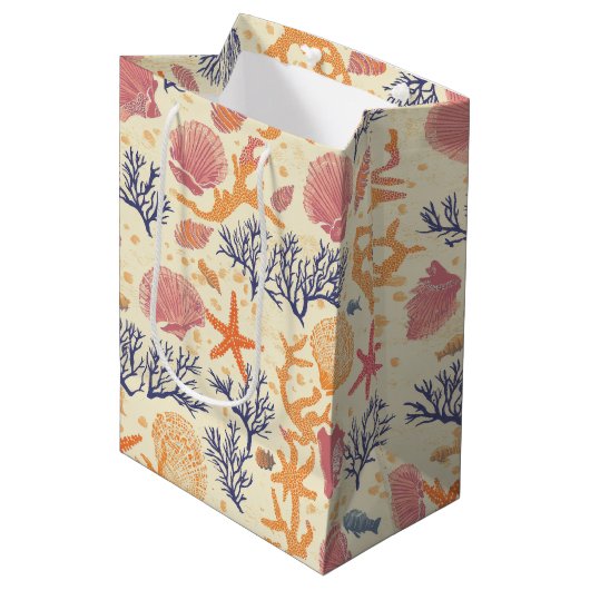 素朴沿岸 – 貝類、ヒトデ、リーフ(1) ミディアムペーパーバッグ (正面アングル)