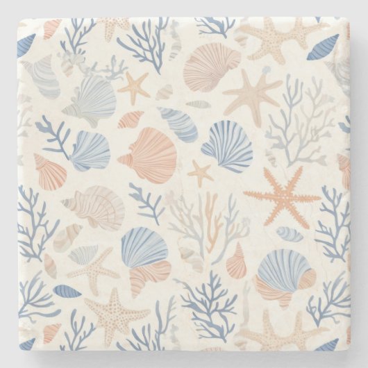 素朴沿岸 – 貝類、ヒトデ、リーフ(34) ストーンコースター (正面)