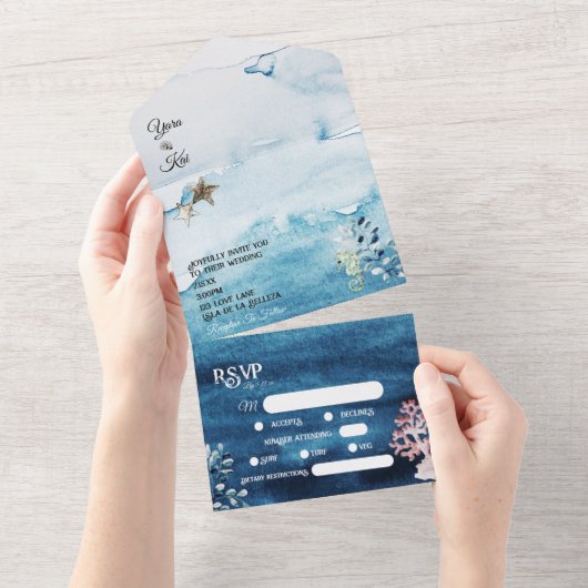 素朴海食事制限RSVP結婚の オールインワン招待状 (貼ってはがせる)