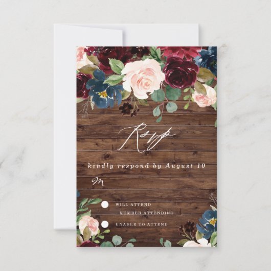 素朴深いレッドワインブルゴーニュ赤面ネイビー結婚ズ 出欠カード (正面)