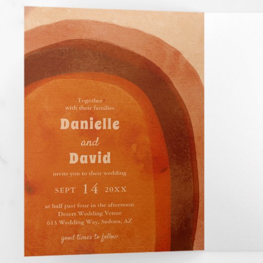 素朴焼けオレンジのアーチモダン写真結婚の 三つ折り招待状 (内部最初)