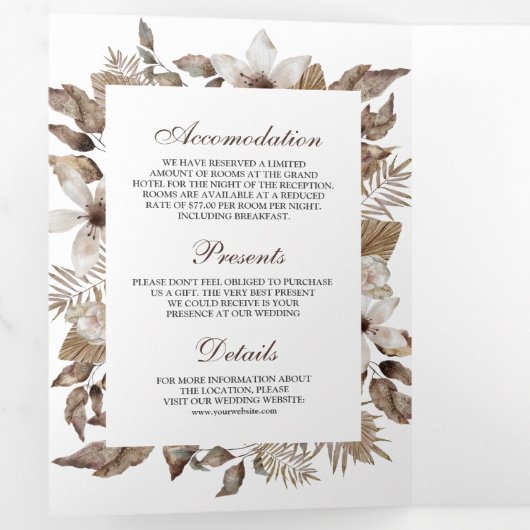 素朴熱帯乾燥パーム離れフローラ結婚ズ 三つ折り招待状 (内部最初)