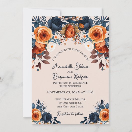 素朴燃えたオレンジとブルーのフローラ結婚の 招待状 (正面)