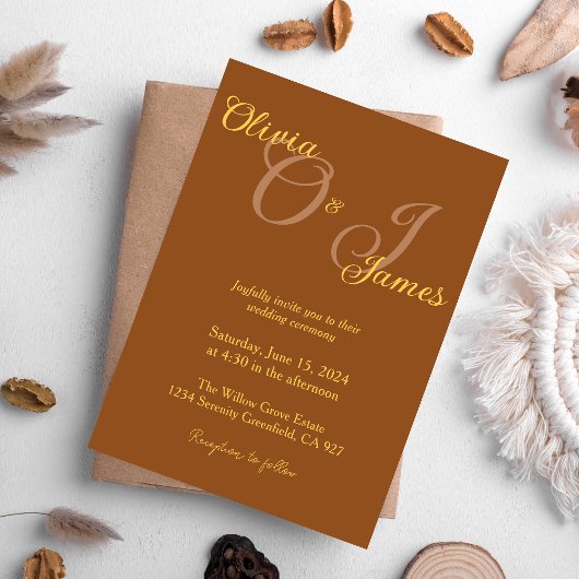 素朴燃えたオレンジと金ゴールド結婚イニシャル 招待状