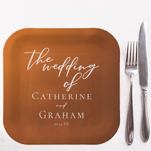 素朴燃えたオレンジタイポグラフィ秋結婚の ペーパープレート