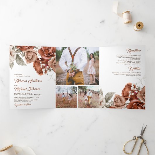 素朴燃えたオレンジ色のバラフォトコラージュ結婚ズ 三つ折り招待状 (内部)