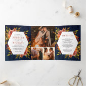 素朴燃えたオレンジ色のフローラフォトネイビーブルー結婚ズ 三つ折り招待状 (内部)