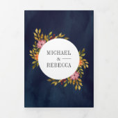 素朴燃えたオレンジ色のフローラフォトネイビーブルー結婚ズ 三つ折り招待状 (カバー)