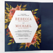 素朴燃えたオレンジ色のフローラフォトネイビーブルー結婚ズ 三つ折り招待状 (内部最初)