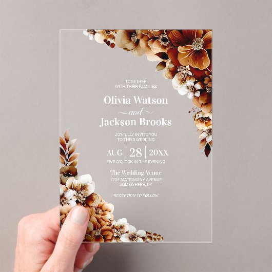 素朴燃えたオレンジ色のフローラ結婚の アクリル招待状 (インサイチュ (ポータブル))