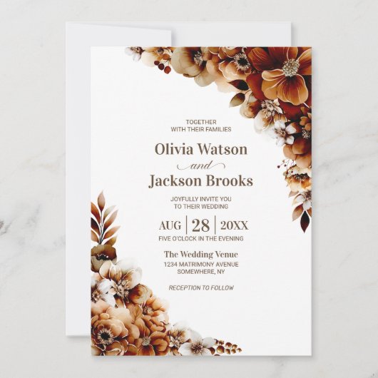 素朴燃えたオレンジ色のフローラ結婚の 招待状 (正面)
