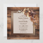 素朴燃えたオレンジ色のフローラ結婚ウッド 招待状 (正面)