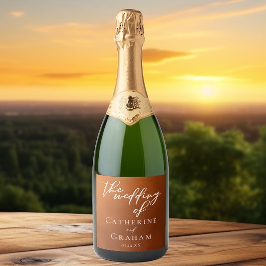 素朴燃えたオレン結婚ジのカスタム スパークリングワインラベル