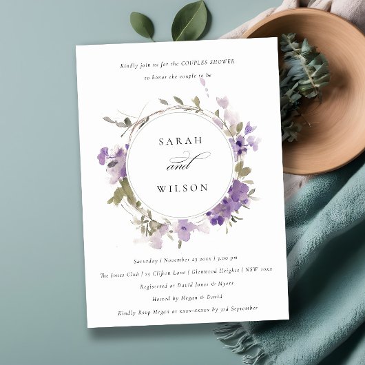 素朴牧草地薄紫フローラリースカップルシャワー 招待状