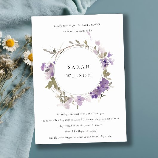 素朴牧草地薄紫フローラリースベビーシャワー 招待状