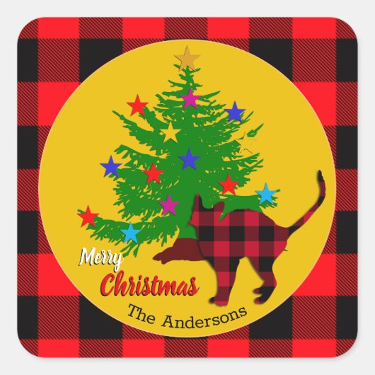 素朴猫、クリスマスツリー、苗字、赤い格子柄 スクエアシール (正面)