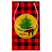 素朴猫、クリスマスツリー、苗字、赤い格子柄 スモールペーパーバッグ (裏面)