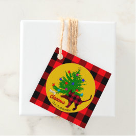 素朴猫、クリスマスツリー、苗字、赤い格子柄 フェイバータグ