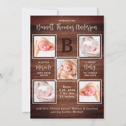 素朴生まれたばかりのベビーパーソナライズされた5写真誕生 案内状 (正面)