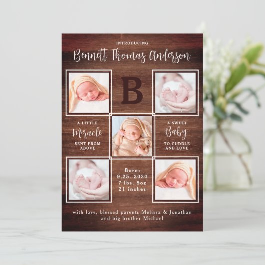 素朴生まれたばかりのベビーパーソナライズされた5写真誕生 案内状 (スタンド正面)