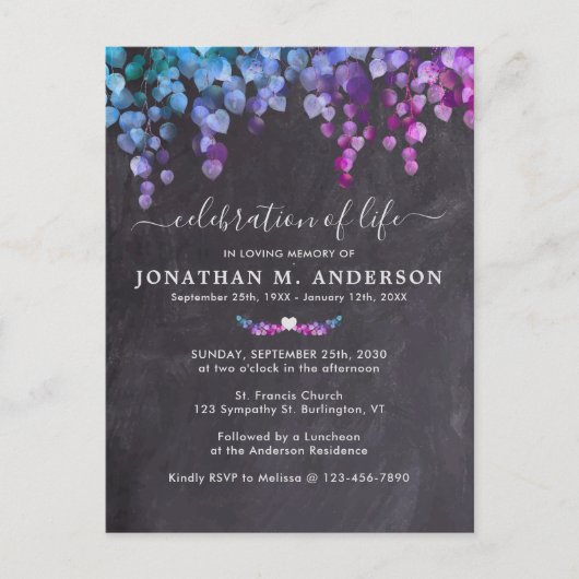 素朴生葬の紫の緑お祝い インビテーションポストカード (正面)