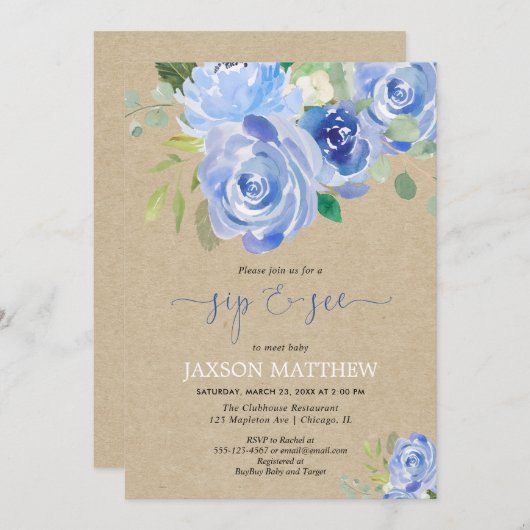 素朴男の赤ちゃん園青いフローラの水色を参照 招待状 (正面/裏面)