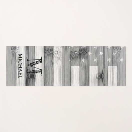 素朴白黒グレイ木材USA国旗モノグラム ヨガマット (正面(横))