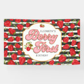 素朴白黒ストライプベリーファースト誕生日 横断幕 (横)