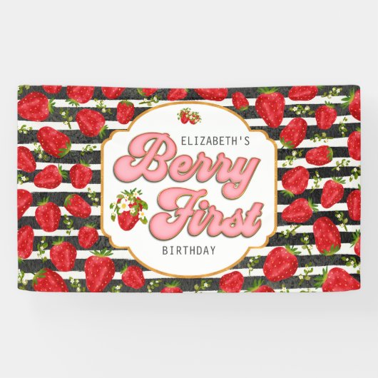 素朴白黒ストライプベリーファースト誕生日 横断幕 (横)