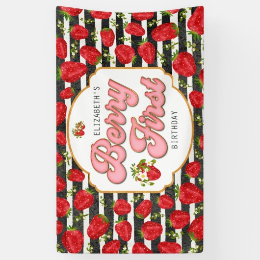 素朴白黒ストライプベリーファースト誕生日 横断幕 (縦)