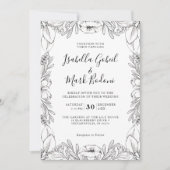 素朴白黒ハンドスケッチフローラ結婚の 招待状 (正面)