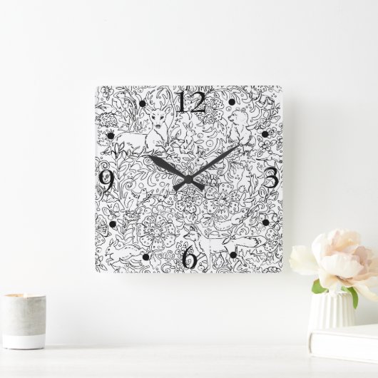 素朴白黒森林動物キツネラビットスケッチ スクエア壁時計 (ホーム)