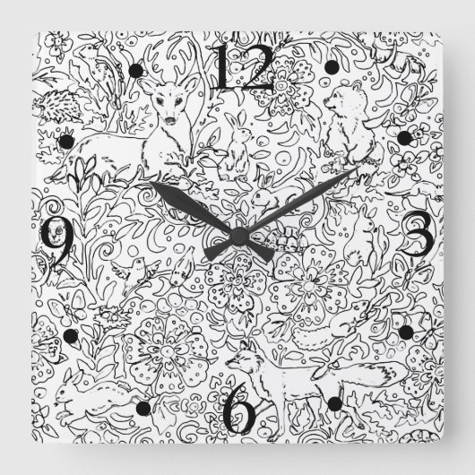 素朴白黒森林動物キツネラビットスケッチ スクエア壁時計 (正面)