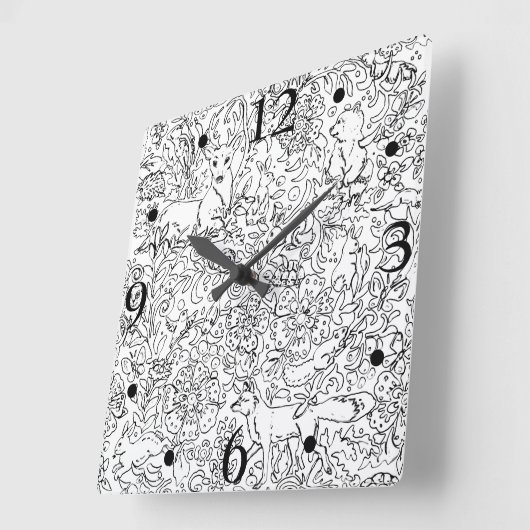 素朴白黒森林動物キツネラビットスケッチ スクエア壁時計 (傾斜)