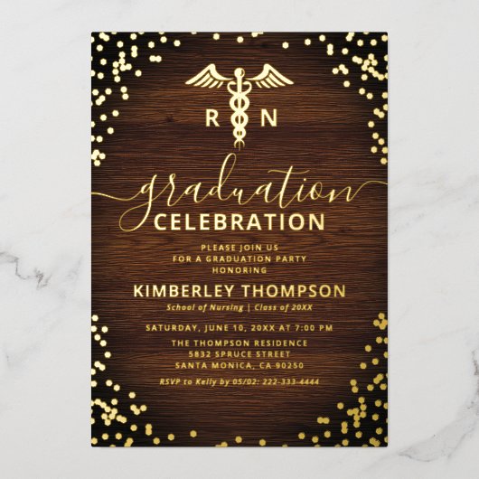 素朴看護学校卒業実在金ゴールド 箔招待状 (正面)