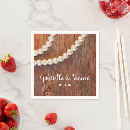 素朴真珠と納屋の木材カントリーウェディング スタンダードカクテルナプキン (インサイチュ)