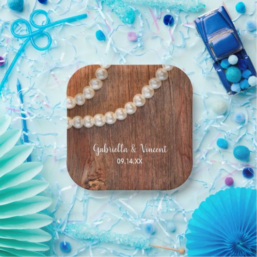 素朴真珠と納屋の木材カントリーウェディング ペーパープレート (パーティー)