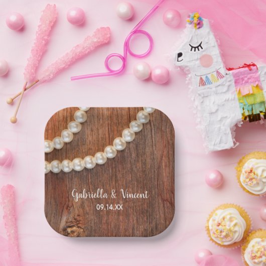 素朴真珠と納屋の木材カントリーウェディング ペーパープレート (パーティー)