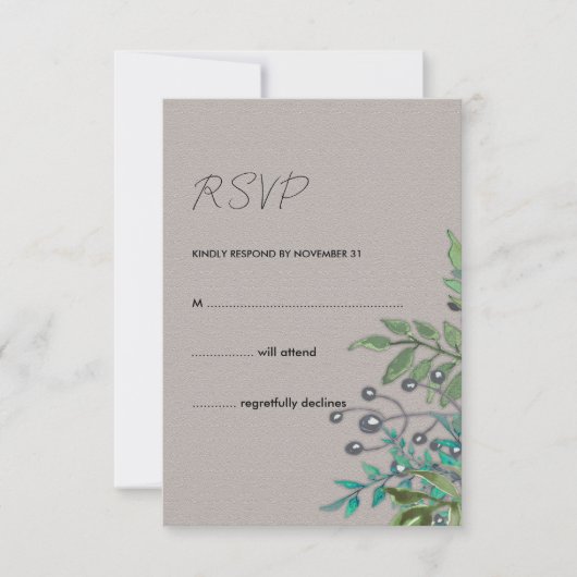 素朴石板グレーと植物性の緑の葉RSVP 招待状 (正面)