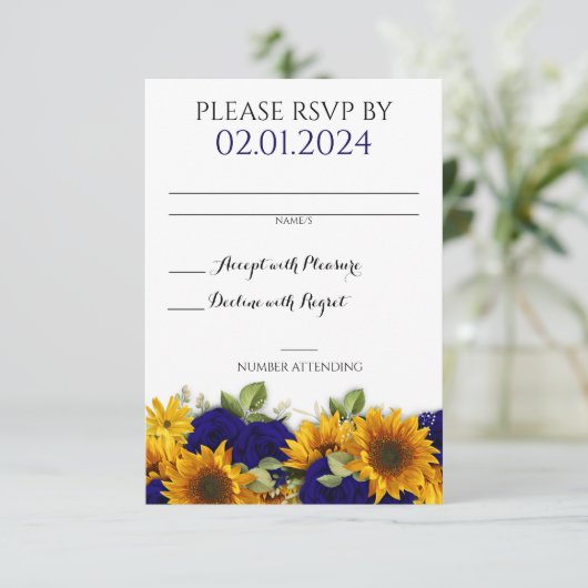 素朴秋の結婚式ネイビーバラRSVPカード 出欠カード (スタンド正面)