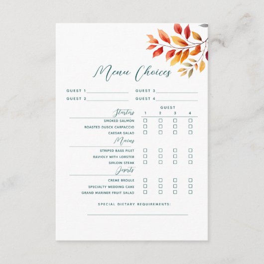 素朴秋の結婚式メニュー選択カード エンクロージャーカード (正面)