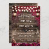 素朴秋の結婚式ランタンブルゴーニュ赤い花 招待状 (正面/裏面)