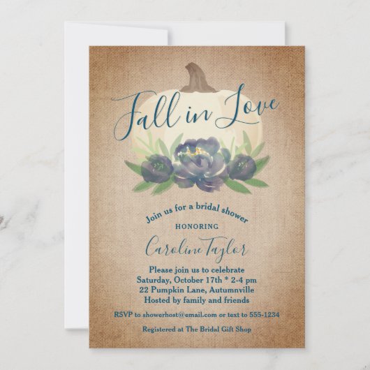 素朴秋インラブブルーフローラブライダルシャワー 招待状 (正面)