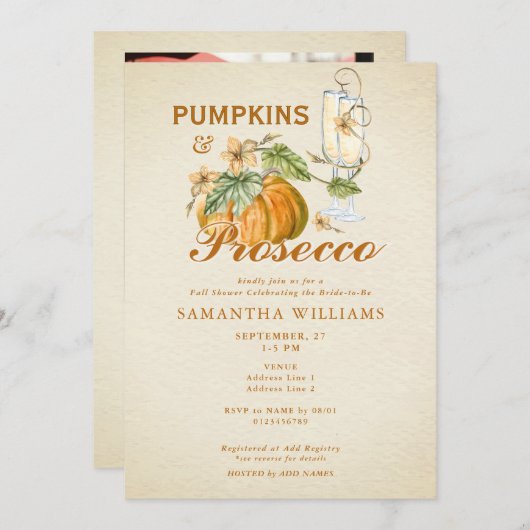 素朴秋エレガントパンプキンプロセッコブライダルシャワー 招待状 (正面/裏面)