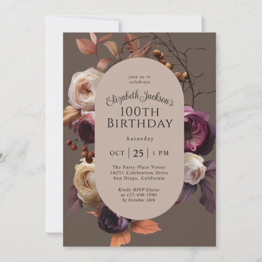 素朴秋エレガントフローラ100th誕生日パーティー 招待状 (正面)