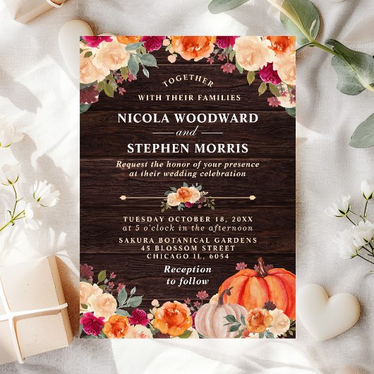 素朴秋オレンジカボチャフローラ結婚ズ 招待状