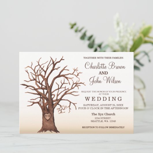 素朴秋ツリー彫りイニシャル結婚式招待状 招待状 (スタンド正面)